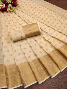 Sari Tradicional KV de Algodón y Seda Gadwal Tejido (Beige Dorado) - Ideal para Fiestas, Sin Arrugas y Reversible, de Secado Rápido, para Otoño - Product Image 5