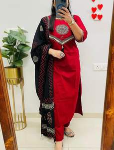 Ensemble Kurti marron en coton avec broderie Kantha et imprimé, manches longues, pantalon et dupatta Mulmul, tenue d'été - Product Image 2