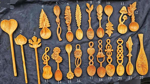 Cuchara de madera con tallado artesanal de hojas y flores, cuchara de madera con tallado de hojas y flores, logotipo personalizado, nuevo diseño, cuchara de madera. - Product Image 4