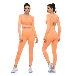 Ensemble de yoga sans couture pour femme, 2 pièces, tenue de sport, haut court à col rond, leggings taille haute, rose uni, vêtements de sport respirants - Product Image 3