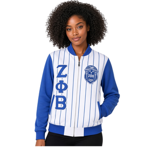 เสื้อแจ็คเก็ต Zeta Phi Beta ลายทางสีน้ำเงินขาว แบบซิปเต็มตัว แขนยาว สไตล์บอมเบอร์ สำหรับชมรมนักศึกษากรีก  ลำลอง - Product Image 1