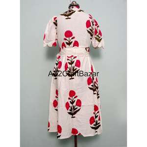 Robe midi en tissu tricoté 100% coton pour femmes, imprimé floral, coupe évasée, col en V, manches courtes, décoration boutonnée, respirante, lavable - Product Image 6