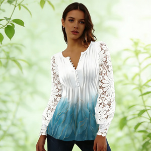 Hot sale on Temu chic <b>white</b> blue gradient print blouse with hollow lace <b>long</b> <b>sleeves</b> v neck buttoned top - Product Image 2