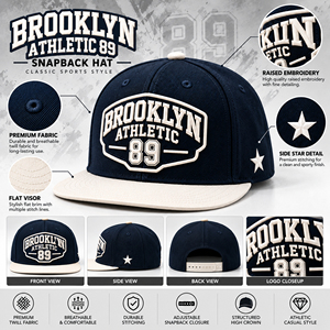 Casquette Snapback Athlétique Classique Broderie en Relief Visière Plate Bleu Marine Crème Structurée 6 Panneaux Sports d'Équipe Réglable - Product Image 6