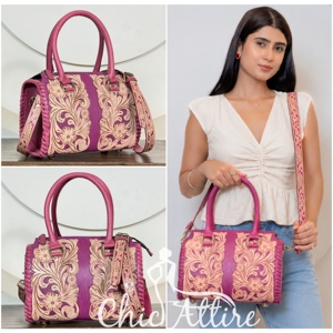 Bolso de Hombro de Cuero Genuino Artesanal de Moda con Grabado Floral Estilo Western, Bolso de Viaje Tipo Duffle para Vaqueras - Product Image 1