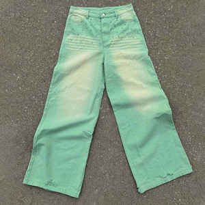 Vaqueros holgados de alta calidad hechos a medida para hombre, vaqueros desgastados de color verde menta con pedrería, lavado ácido, estilo baggy. - Product Image 6