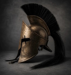 Casque romain antique en bronze avec plume noire et armure plaquée or pour collection d'art et exposition - Product Image 1