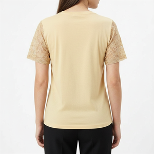 Customized <b>Top</b> Women's Cream Lace Sleeve Short Sleeve T-Shirt Crew Neck Casual Knitted <b>Top</b> Spring Summer Breathable Regular Fit - Product Image 2
