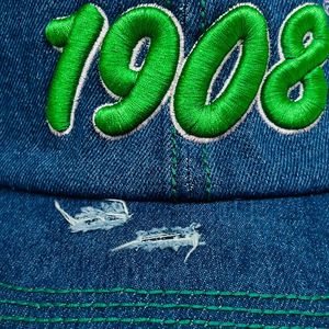 Dark Blue Washed Distressed Denim Baseball <b>Cap</b> with Green Embroidered 1908 Design Adjustable <b>Vintage</b> Casual Outdoor Fashion Hat - Product Image 6