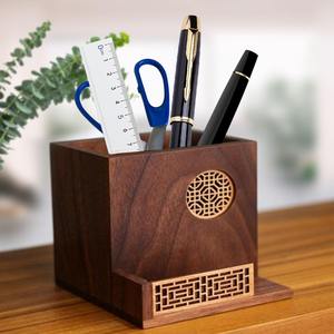 Bamboo <b>Rotating</b> Pen Stand and Organizer Square Desktop Wooden Pencil Storage Boxes with Clock for Office or Home Use - Product Image 3