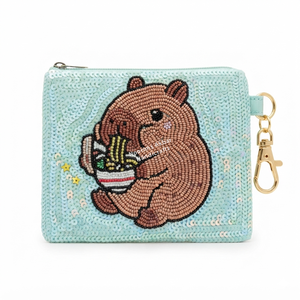 Monedero de Viaje Ecológico Hecho a Mano con Cuentas de Turquesa y Cremallera, Correa Desmontable, Bordado Amarillo y Clip para Bolso - Product Image 6