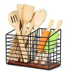 2 Compartment Black Wire Kitchen Utensil Holder with Wood Base Rectangular Cutlery <b>Caddy</b> Countertop <b>Tool</b> Organizer Storage Bin - Product Image 1