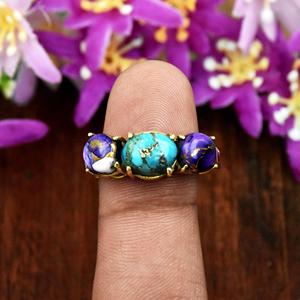 Anillo de Turquesa Azul Cobre Ostra Púrpura con Engaste de Plata de Ley y Oro de 18K - Product Image 5