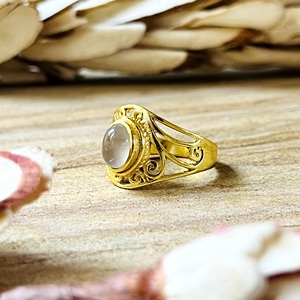 Latest Design Moonstone <b>Rings</b> Boho Brass <b>Ring</b> Women 18k Gold Plated Filigree Vintage Band <b>Dainty</b> Swirl Design Wholesale/OEM/ODM - Product Image 4