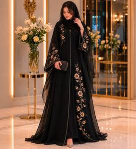 Elegante Abaya Negra con Bordado Floral, Manga Larga, Cuello Alto, Vestido de Fiesta para Mujer, Estilo de Oriente Medio - Product Image 1