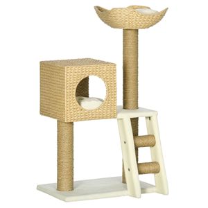 Albero per Gatti da Interno in Vimini Intrecciato con Cuccia in Rattan, Letto in Vimini, Scala e Cuscini Lavabili - 57x37 cm - Torre Tiragraffi per Gatti - Product Image 1
