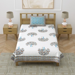 Drap de lit simple en coton Heritage, imprimé à la main motif arbre avec bordure florale et housse de coussin pour la maison et l'hôtel - Product Image 3