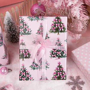 Elegante Rotolo di Carta da Regalo con Fiocchi Rosa per Albero di Natale, Confezione Regalo Femminile con H per Packaging di Lusso - Product Image 3