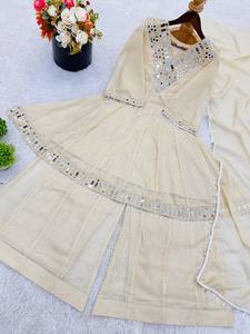Elegant Beige Mirror Work <b>Kurta</b> Sharara Set with Dupatta | Designer Ethnic Wear Suit for <b>Women</b> | Festive Wedding Party Wear - Product Image 4