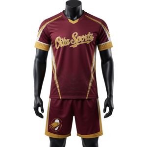 Ensemble d'uniformes de lacrosse unisexe bordeaux et or imprimés par sublimation, légers, en polyester, réversibles, respirants et antibactériens - Product Image 1