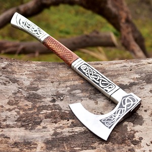 Handmade Carbon Steel Viking Battle <b>Axe</b> Head <b>Wood</b> Handle Leather Sheath Engraved 5 Cutting Edge 3Lb Weight for Camping DIY Gift - Product Image 6