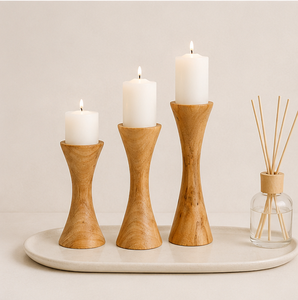 Hot Selling Handcrafted Solid Mango Wood Pillar Candle Holder Set Elegant Curved Rustic Candle Stand For Home Wedding Centertop - Product Image 3