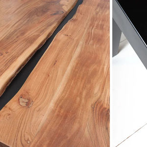 <b>Industrial</b> Furniture Solid Acacia Wooden Live Edge Irregular Shape Top With Center Black Plate Design Metal X Legs Dining <b>Table</b> - Product Image 6