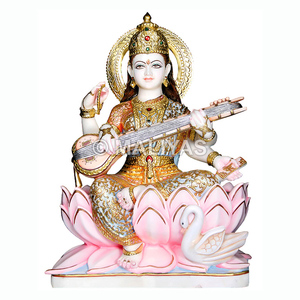 Saraswati Mata Statue with Embossed <b>Painting</b> | Marble Saraswati Murti for Home & Temple – Maliyas - Product Image 1