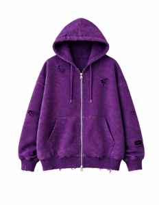 Sweat à capuche zippé pour homme, violet, effet vieilli, coupe oversize, style vintage, déchiré, en polaire, streetwear, avec poches - Product Image 2
