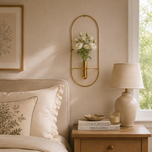 Élégant support mural en métal doré pour vase à fleurs avec cadre en arche minimaliste, décoration murale florale moderne pour chambre à coucher et salon - Product Image 2