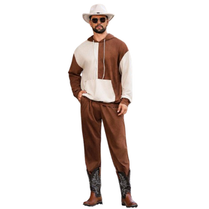 Ensemble survêtement homme marron et beige colorblock : sweat à capuche et pantalon de jogging en molleton décontracté, tenue de sport hiver deux pièces pour la gym - Product Image 1