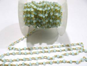 Aqua Chalcedony Rondelle Faceted Size 3-4mm Hydro Quartz Beaded Wire Wrapped <b>Rosary</b> Chain - Product Image 3