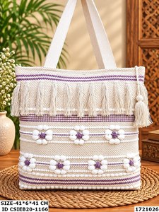 Bolso Tote Bohemio con Bordado de Cuentas, Diseño Panelado, Bolso de Hombro de Algodón para Mujer, con Cierre de Cremallera, Ideal para Compras de Verano - Product Image 2