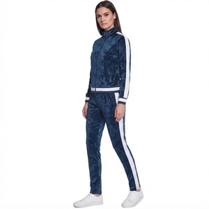 Conjunto Deportivo Ligero y Transpirable de Terciopelo Azul Marino para Mujer, Chaqueta con Cierre Completo y Cuello Alto, Pantalones con Rayas Blancas, Atuendo Casual de Otoño - Product Image 4