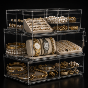 Stackable Clear Jewelry Organizer Containers for Accessories, Watches, Hair <b>Clips</b> & Cosmetics - Product Image 1