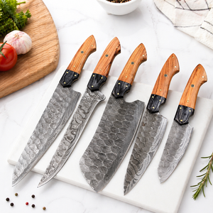Custom Handmade Five-Piece Ambidextrous Chef <b>Set</b> Straight Edge <b>Sharp</b> 33-Layer Damascus Steel Blades Wooden Handle Leather - Product Image 1