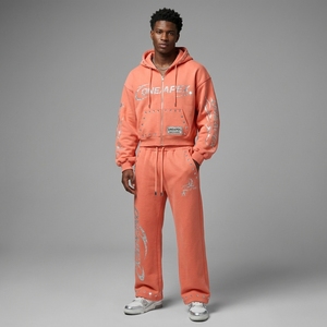 Ensemble de survêtement deux pièces pour homme, style streetwear, avec sweat à capuche zippé à motif corail et strass et pantalon de jogging, vente en gros - Product Image 1