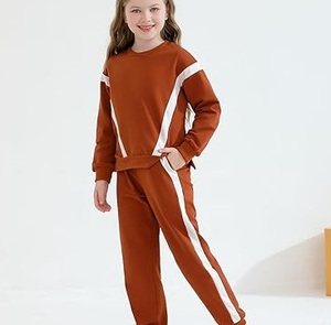 Conjunto Deportivo de Dos Piezas para Niñas, Color Sólido, Diseño a Rayas, Pantalones Deportivos, Sudadera de Felpa de Algodón - Product Image 4
