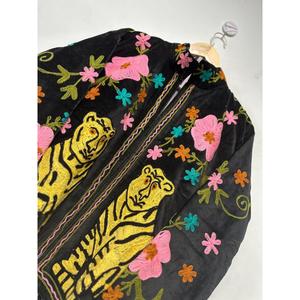 Veste bohème en velours noir brodée de fleurs Suzani, motif tigre, manches longues, col montant, vêtements d'extérieur pour femmes, hiver - Product Image 3