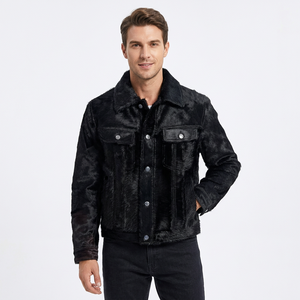 Veste en cuir noire pour homme, veste courte décontractée d'hiver, col rabattu, boutons, matière épaisse - Product Image 5