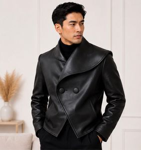 Veste en cuir véritable pour homme, double boutonnage, coupe ajustée, col rabattu, couleur unie, style décontracté chic, vêtements d'automne - Product Image 3