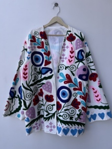 Traditional Handmade Suzani Embroidered Short <b>Kimono</b> <b>Jacket</b> Statement <b>Jacket</b> Coat - Product Image 1