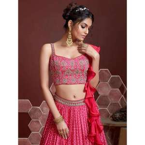 Capricioso Rosa Digital Impreso Chinon Seda Diseñador Lehenga Choli - Product Image 3