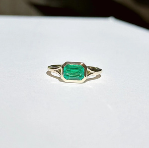 <b>Emerald</b> Cut Green Gemstone Minimalist Engagement <b>Ring</b> 925 Sterling <b>Silver</b> Bezel Set East West Solitaire for Wedding Anniversary - Product Image 1