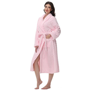 Bata de Baño de Felpa Personalizada para Mujer, Ropa de Dormir a Rayas, Suave y Cálida, de Felpa Coral, con Bolsillos y Cinturón - Product Image 1