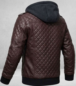 Luxury Men's <b>Quilted</b> Leather Hooded Bomber Jacket - high quality Dark Brown Premium Casual Winter Leather Coat - Product Image 2