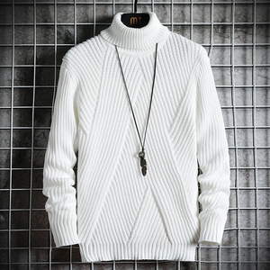 <b>Men's</b> White High Neck Knit Pullover <b>Sweater</b> Striped Vintage Wool/Viscose Winter Warm Full Sleeve <b>Turtleneck</b> Style - Product Image 1