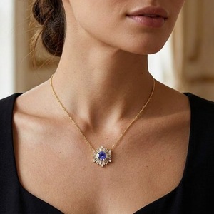 Collier en or pur 18 carats avec pierre précieuse tanzanite, design soleil, diamant naturel, chaîne halo, pendentif pour femme, cadeau d'anniversaire - Product Image 1
