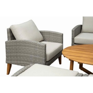 Contemporary PE Rattan <b>Outdoor</b> Patio Set with Teak <b>Table</b> and Olefin Cushions Solid Back Design Tapered Legs - Product Image 3