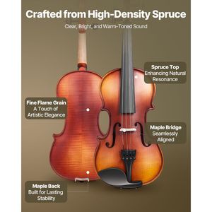Set Violino 4/4 per Adulti con Archetto in Legno, Custodia Rigida, Resina, Spalliera e Ponticello per Principianti, Accessori Extra Inclusi - Product Image 2